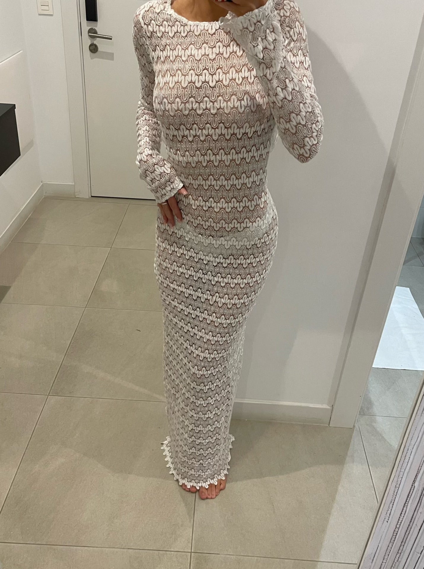 White Metallic Crochet Maxidress