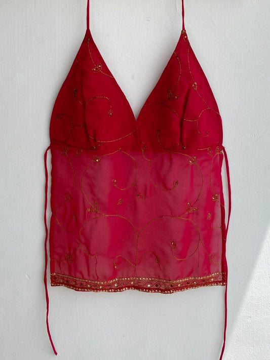 Red Backless Halterneck Top