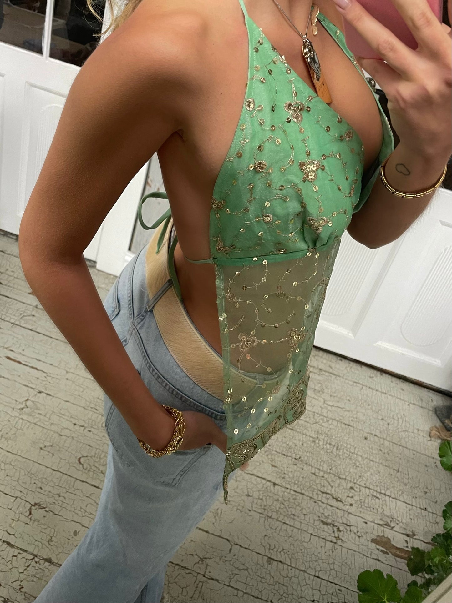 Green Backless Halterneck Top