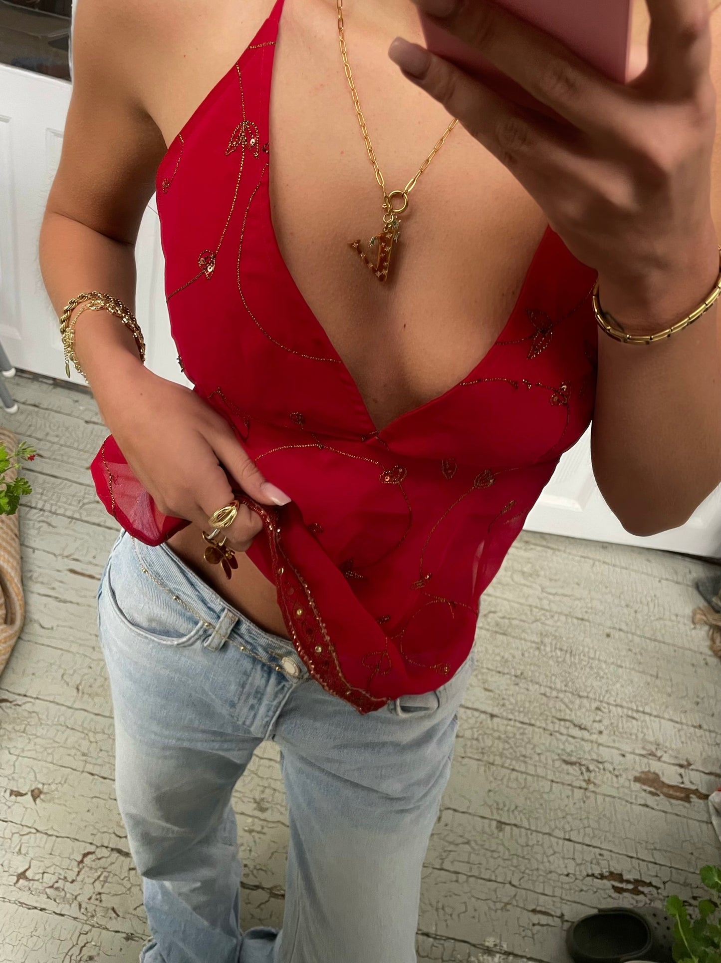 Red Backless Halterneck Top